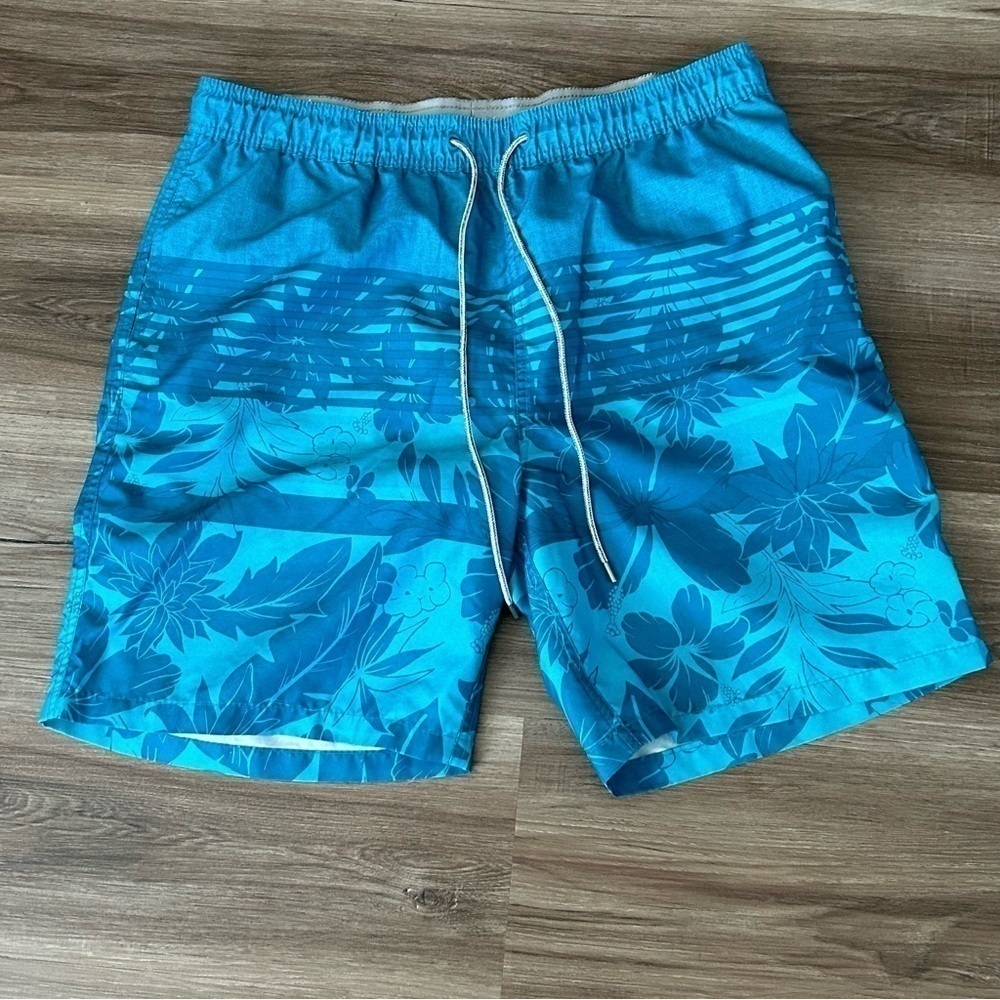 KIRKLAND Turquoise Floral Print Swim Trunks Men Size Large